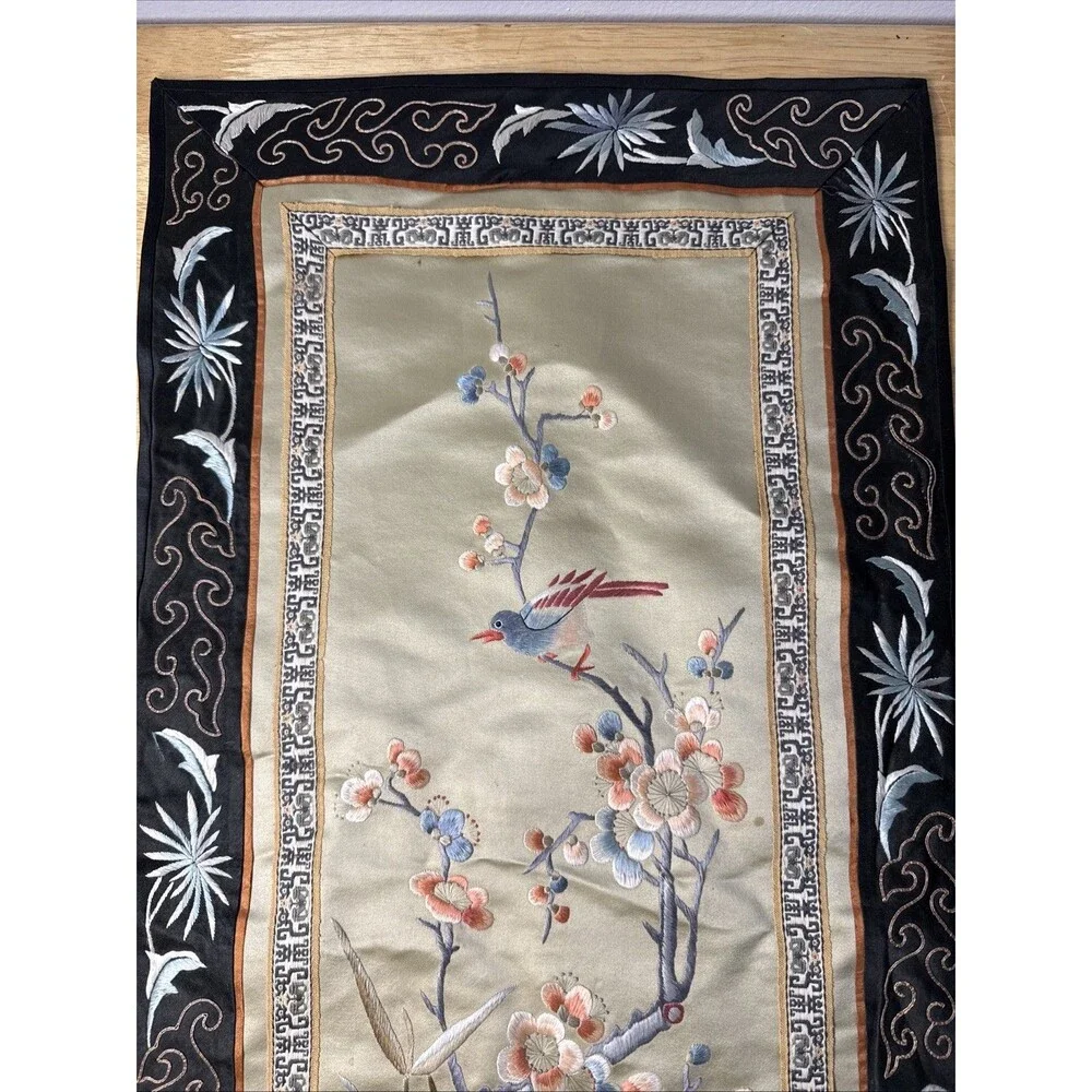 Vintage Asian Silk Hand Embroidered Tapestry Floral Bird Design 13”x26”